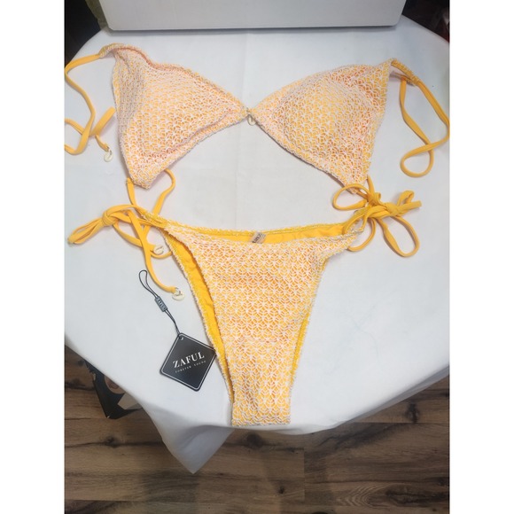 Zaful Other - ZAFUL Womens Fishnet Triangle Tie Bikini Set Yellow White Lace XL ZFSW0470